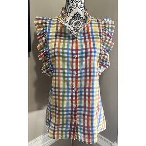 LaRoque Original Top Blouse L Womens 100% Cotton Rainbow Gingham Ruffle